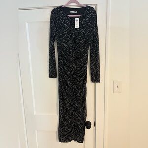 Abercrombie & fitch black polka dot ruched long sleeve dress , size medium NWT